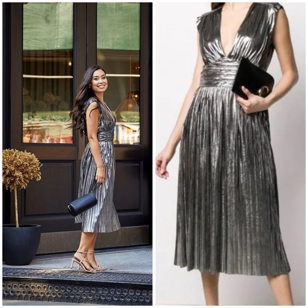 Rebecca Minkoff Briella Metallic Silver Pleated Midi Dress Size 2